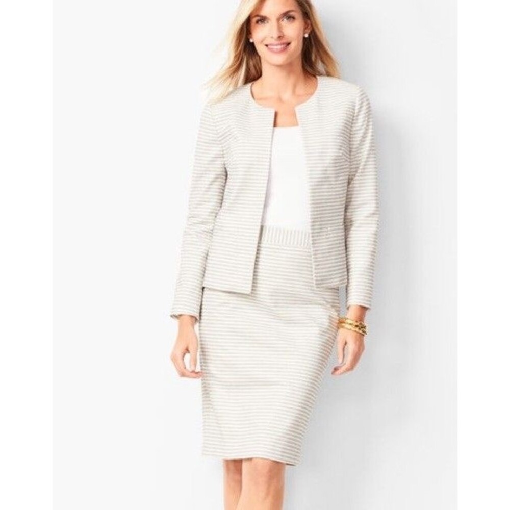 Talbots Suit Set Biscay Gray Stripe Blazer Open Front Sz 16 Jacket 14 Skirt